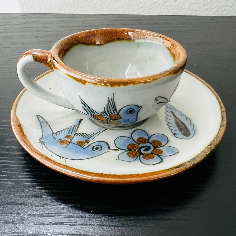 Vintage Ken Edwards Tonala Pottery Cup & Saucer Set El Palomar Blue Bird Signed - Picture 1 of 14